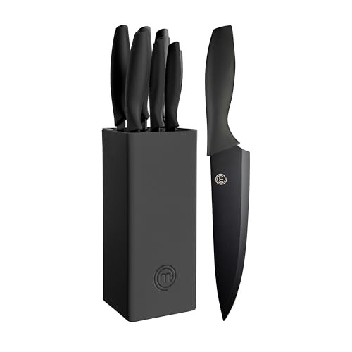 MasterChef 7pc Block Kitchen Knife Set with Nonstick Coated and Holder Essential Black Collection: Stainless Steel Blades, Rubber Handles - Bellso